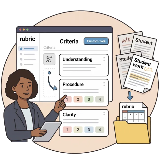 Illustration of a teacher building a customizable rubric with criteria and scoring levels