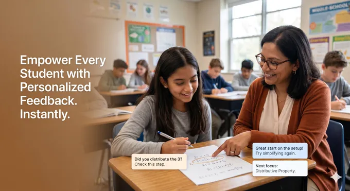 Teacher working with a student on math, with MathSense AI personalized feedback comments overlaid