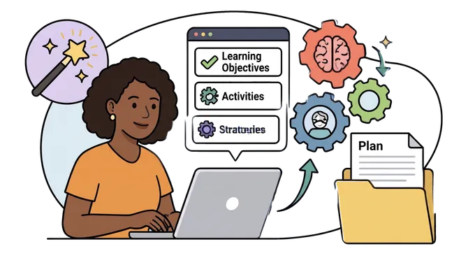 Illustration of a teacher generating a structured lesson plan with AI-powered tools