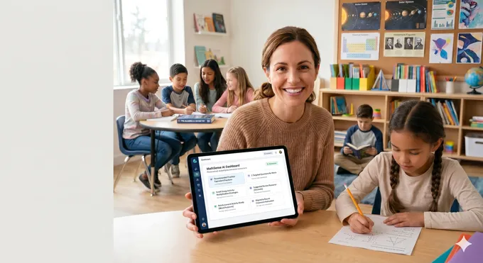 Teacher holding a tablet showing the MathSense AI dashboard with targeted practice recommendations