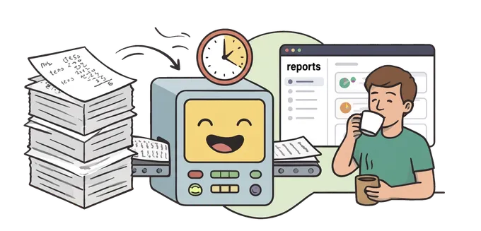 Illustration of AI processing student assignment papers while a teacher reviews reports