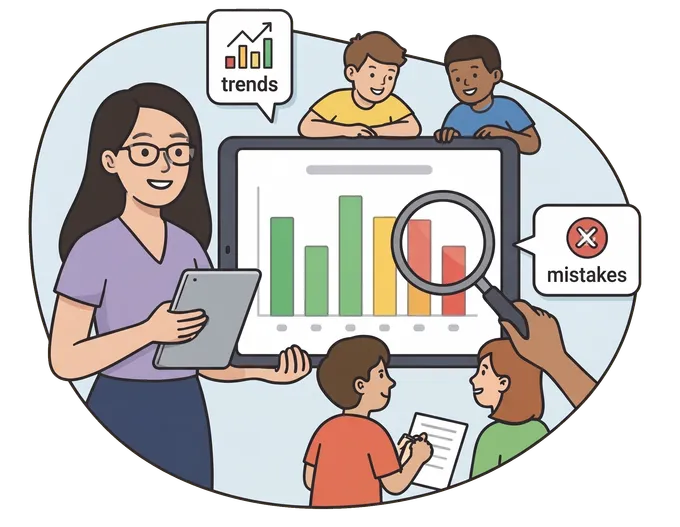 Illustration of a teacher analyzing student progress charts and identifying learning gaps and trends